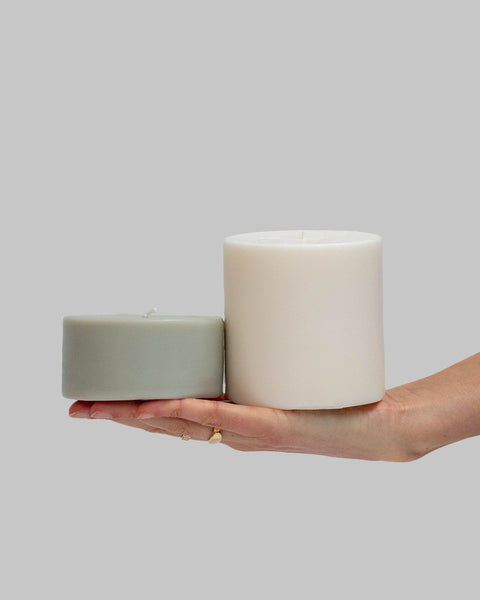 blanc + dove | escc lrg pillar candle | soy - blend unscented candles - porter green | style + sustainability