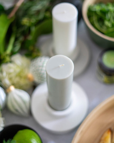 blanc + dove | escc med pillar candle | soy - blend unscented candles - porter green | style + sustainability