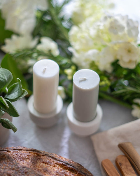 blanc + dove | escc sml pillar candle | soy - blend unscented candles - porter green | style + sustainability
