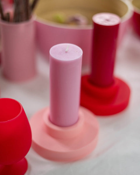 cherry + blush | escc med pillar candle | soy - blend unscented candles - porter green | style + sustainability