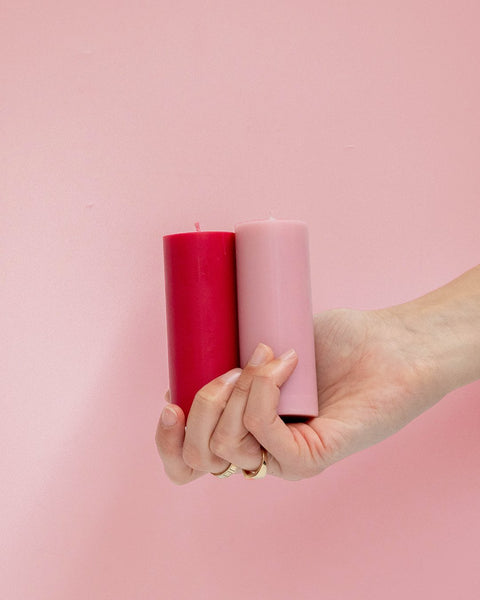 cherry + blush | escc sml pillar candle | soy - blend unscented candles - porter green | style + sustainability
