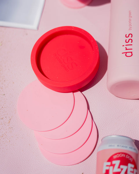 cherry + blush | ciss | unbreakable silicone coasters | porter green, silicone coasters, coaster set with holder, coasters australia, coaster set of 4, sustainable coasters