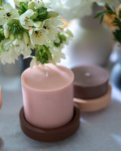 latte + donkey | escc lrg pillar candle | soy - blend unscented candles - porter green | style + sustainability