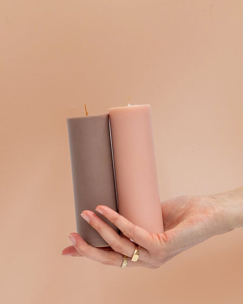 latte + donkey | escc med pillar candle | soy - blend unscented candles - porter green | style + sustainability