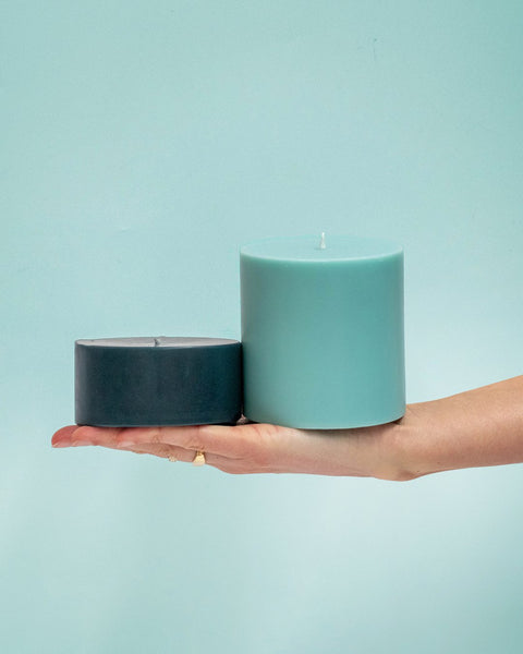mist + ink | escc lrg pillar candle | soy - blend unscented candles - porter green | style + sustainability