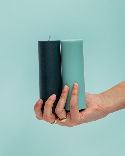 mist + ink | escc med pillar candle | soy - blend unscented candles - porter green | style + sustainability
