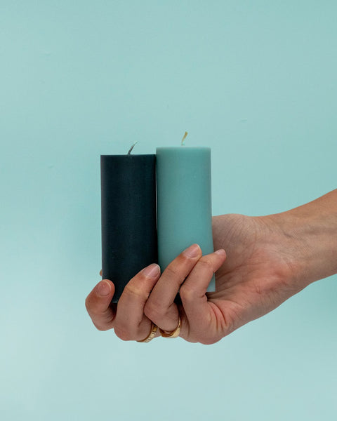 mist + ink | escc sml pillar candle | soy - blend unscented candles - porter green | style + sustainability