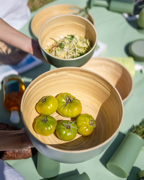 sage + olive | bebb | biodegradable bamboo bowls - porter green | style + sustainability