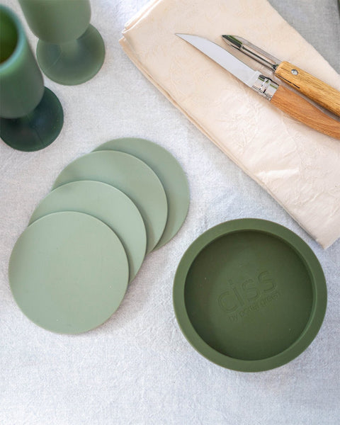 sage + olive | ciss | unbreakable silicone coasters - porter green | style + sustainability