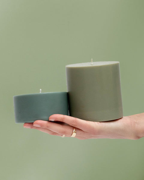 sage + olive | escc lrg pillar candle | soy - blend unscented candles - porter green | style + sustainability