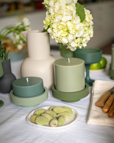 sage + olive | escc lrg pillar candle | soy - blend unscented candles - porter green | style + sustainability