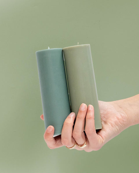 sage + olive | escc med pillar candle | soy - blend unscented candles - porter green | style + sustainability