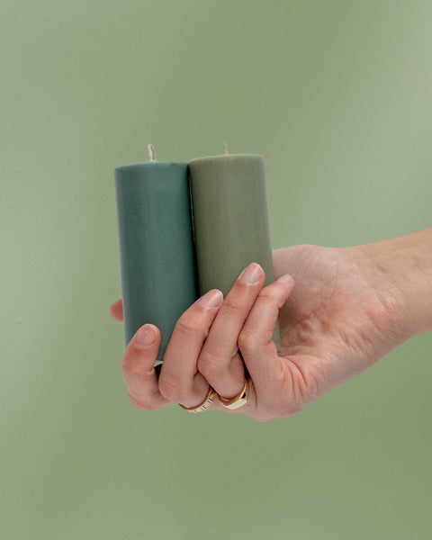 sage + olive | escc sml pillar candle | soy - blend unscented candles - porter green | style + sustainability