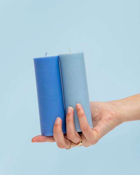 sky + kingfisher | escc med pillar candle | soy - blend unscented candles - porter green | style + sustainability