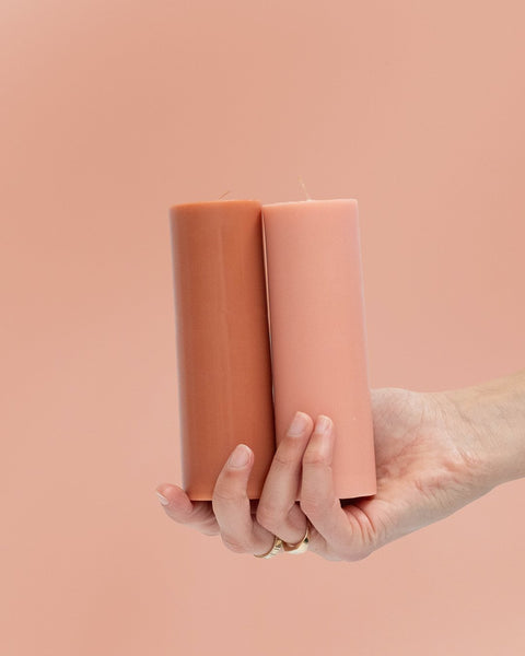 terra + peach | escc med pillar candle | soy - blend unscented candles - porter green | style + sustainability
