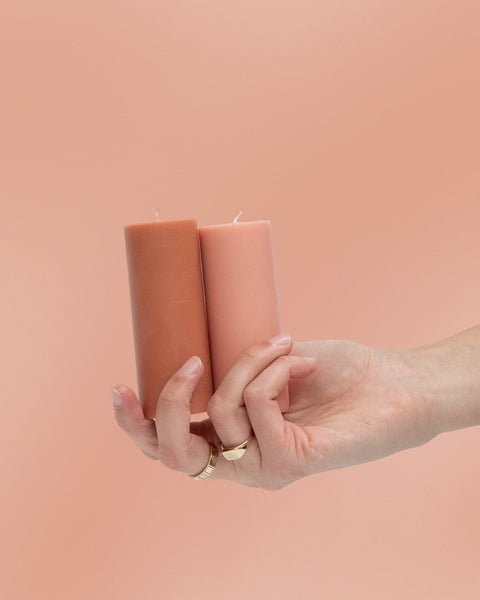 terra + peach | escc sml pillar candle | soy - blend unscented candles - porter green | style + sustainability