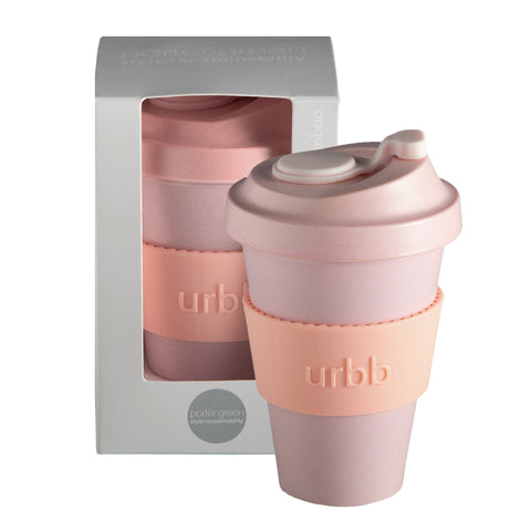 peach + petal | urbb | biodegradable bamboo coffee cup | porter green, biodegradable coffee cups. bamboo coffee cup, reusable coffee cup australia, 12oz coffee cup, leak proof coffee cup