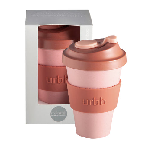 terra + peach | urbb | biodegradable bamboo coffee cup | porter green, biodegradable coffee cups. bamboo coffee cup, reusable coffee cup australia, 12oz coffee cup, leak proof coffee cup