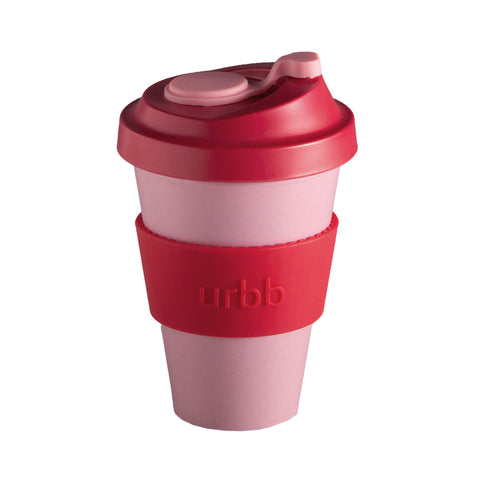 cherry + blush | urbb | biodegradable bamboo coffee cup | porter green, biodegradable coffee cups. bamboo coffee cup, reusable coffee cup australia, 12oz coffee cup, leak proof coffee cup