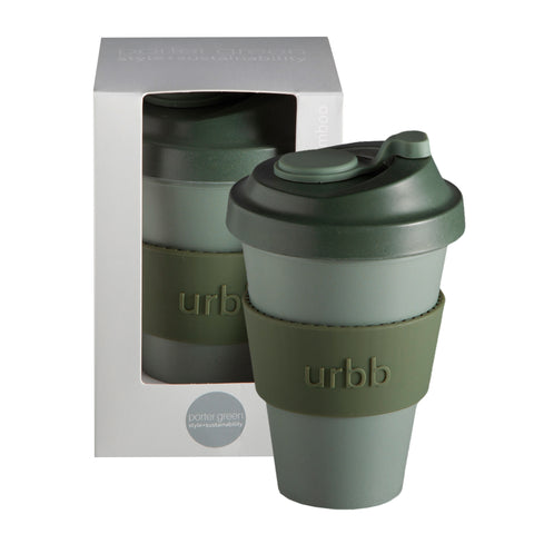 sage + olive | urbb | biodegradable bamboo coffee cup | porter green, biodegradable coffee cups. bamboo coffee cup, reusable coffee cup australia, 12oz coffee cup, leak proof coffee cup