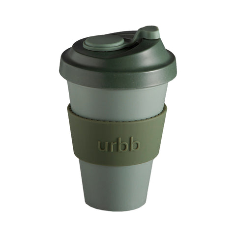 sage + olive | urbb | biodegradable bamboo coffee cup | porter green, biodegradable coffee cups. bamboo coffee cup, reusable coffee cup australia, 12oz coffee cup, leak proof coffee cup