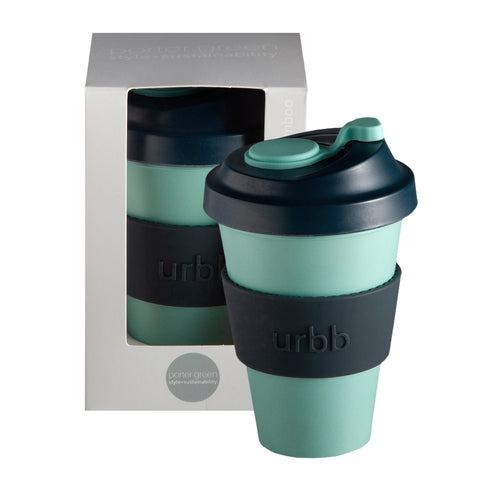 mist + ink | urbb | biodegradable bamboo coffee cup | porter green, biodegradable coffee cups. bamboo coffee cup, reusable coffee cup australia, 12oz coffee cup, leak proof coffee cup
