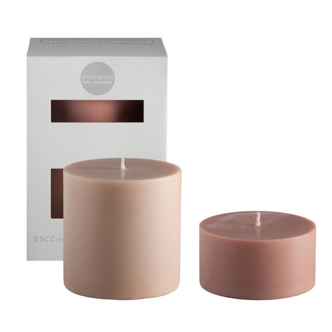 wheat + oat | escc lrg pillar candle | soy - blend unscented candles - porter green | style + sustainability