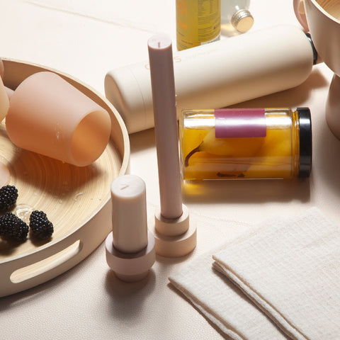 wheat + oat | escc sml pillar candle | soy - blend unscented candles - porter green | style + sustainability